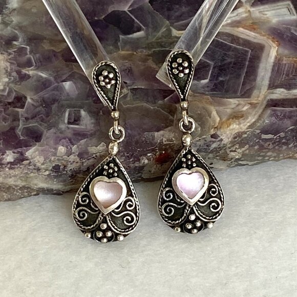 Sterling Silver 925 BOMA MOP Mother Of Pearl Oxidized Scrollwork Dangle Earrings - Picture 1 of 16